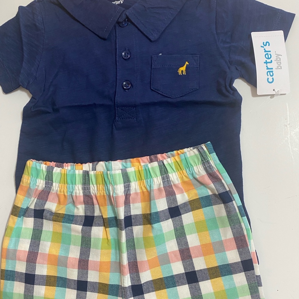 CARTER’S Navy Polo with Colorful Plaid Shorts 24 Months